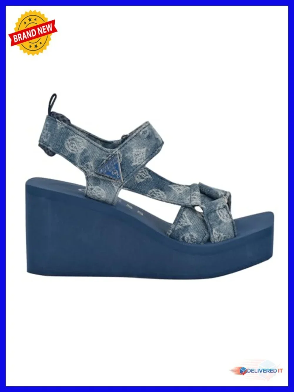 Strappy Open Toe Denim Wedge Sandals with Hook & Loop Closure